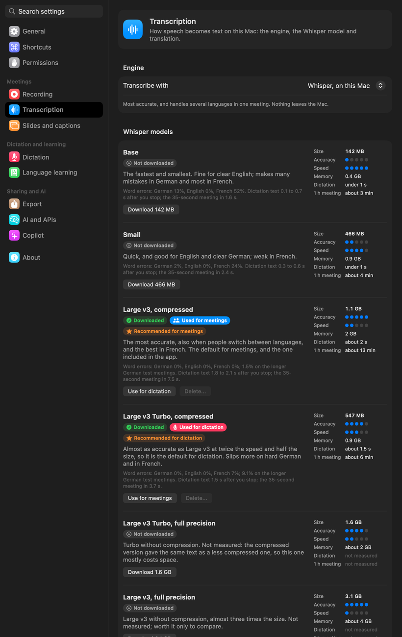 Settings listing Whisper models with tags such as Downloaded and Used for meetings, and ratings for accuracy and speed.